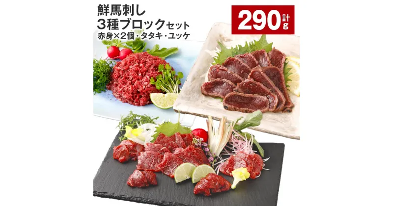 【ふるさと納税】鮮馬刺し 3種ブロックセット（赤身×2個・タタキ・ユッケ） 計290g 馬刺し 馬肉 お肉 肉 塩コショウ 塩胡椒 ニンニク ポン酢 タレ付き 冷凍 熊本県 高森町 送料無料