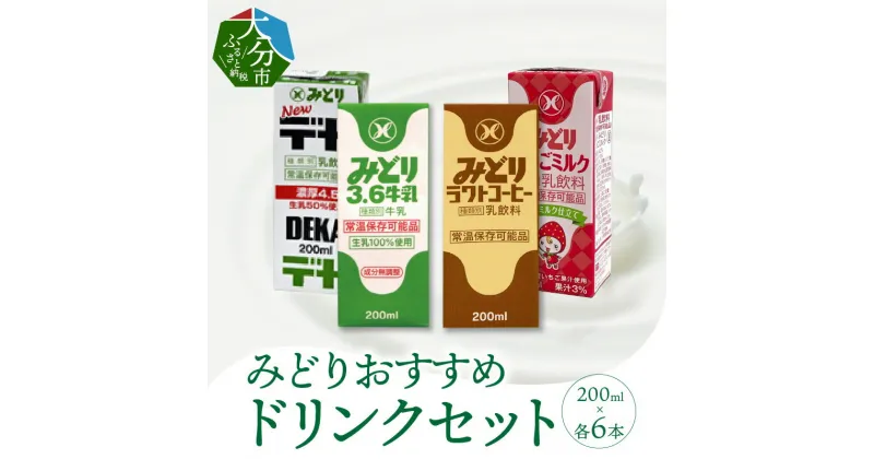 【ふるさと納税】みどりおすすめドリンクセット 200ml×24本 九州乳業 飲み比べ 紙パック みどり牛乳 コーヒー いちごミルク デカ 乳脂肪4.5％ 生乳100％ ミルクコーヒー カフェオレ 珈琲 イチゴ 乳飲料 飲み物 お出かけ 学校給食 常温保存可能 九州産 セット 牛謬I07002