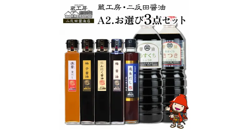 【ふるさと納税】蔵工房・二反田醤油 A2.お選び 3点セット 甘口醤油 薄口醤油 梅醤油 にんにく醤油 柚子醤油 白だし 飛魚だし 出汁 出し汁 調味料 九州醤油 大分県産 九州産 中津市 国産 送料無料