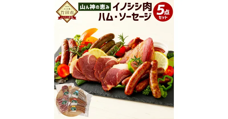 【ふるさと納税】山ん神の恵み イノシシ肉 ハム・ソーセージ 5点セット ジビエ ハム ソーセージ ウィンナー ベーコン ロースハム 粗挽 バジル タバスコ 手作り 燻煙 詰め合わせ ギフト 九州産 大分県産 冷蔵 送料無料